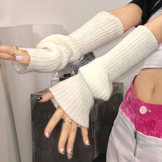 2023 Women Winter Knit Winter 40cm Arm Sleeves Japanese White Black Goth Kawaii Fingerless Gloves Leg Warmers Harajuku Stockings